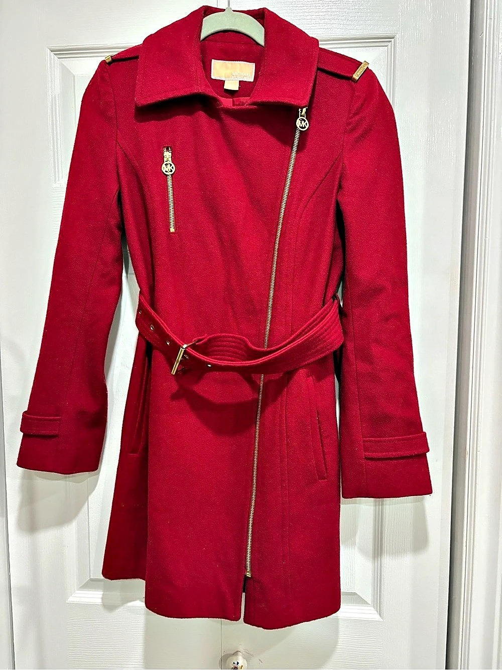 Michael Kors Wool Blend Belted Moto Coat Red